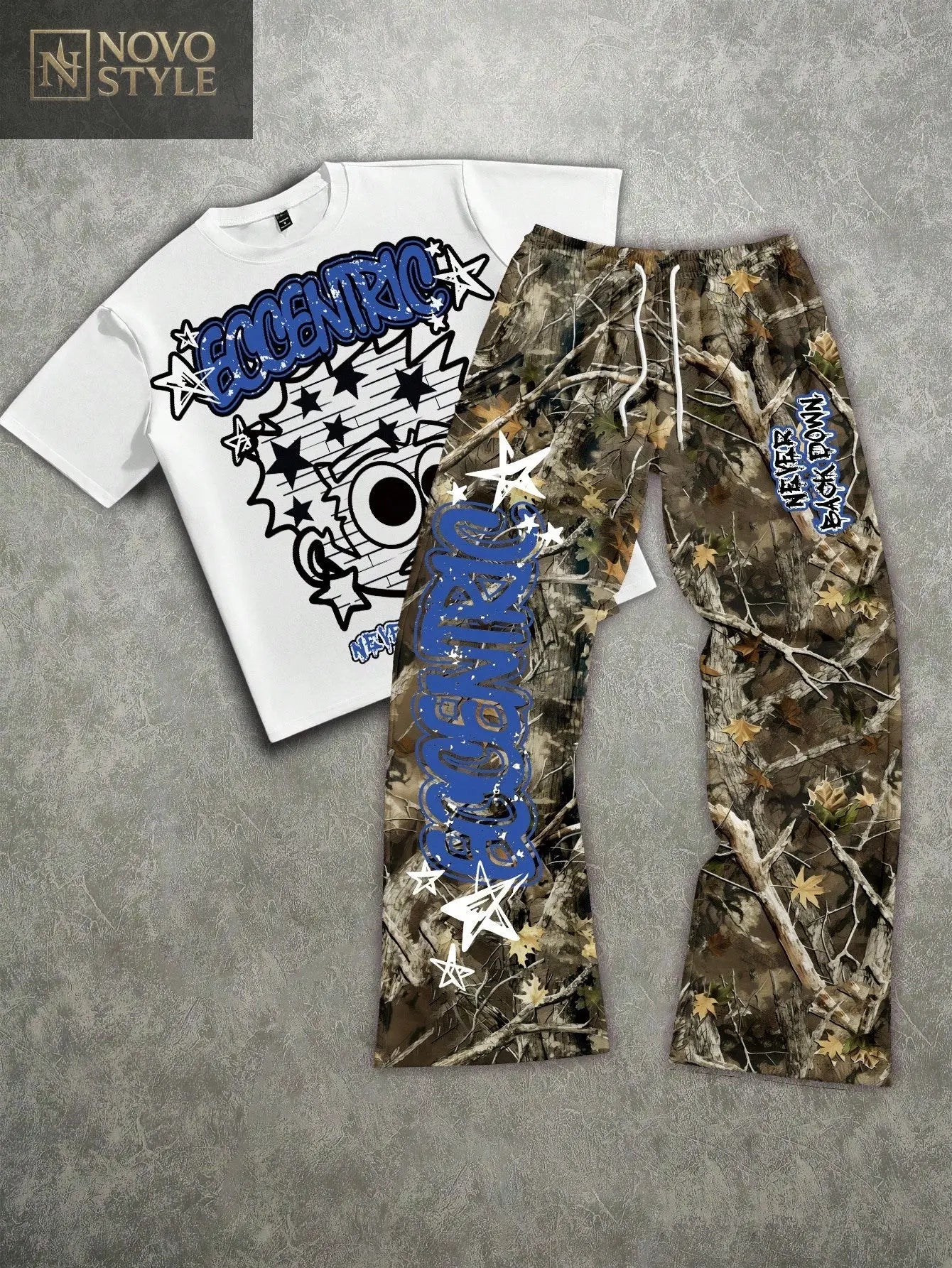 Manfinity ZONE917 Men's Loose Cartoon Red/White Graffiti Figure & Branch Camouflage Print Knit Short Sleeve T-Shirt And Pants Set Novo Style