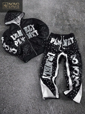 Novo Stly Men's Letter Print Long Sleeve Zip Front Hoodie And Sweatpants Casual Tracksuit Set Men Streetwear Set Men Graphic Tracksuit Men Black And White Tracksuit Zip Up Hoodie And Jogger Set Men 2 Pieces Set,Fall Clothes Novo Style