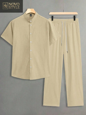 Novo Style  2pcs Men Casual Solid Color Textured Short Sleeve Shirt And Drawstring Waist Loose Straight-Leg Pants Set, Men Two Pieces Outfits, Men Clothes Novo Style