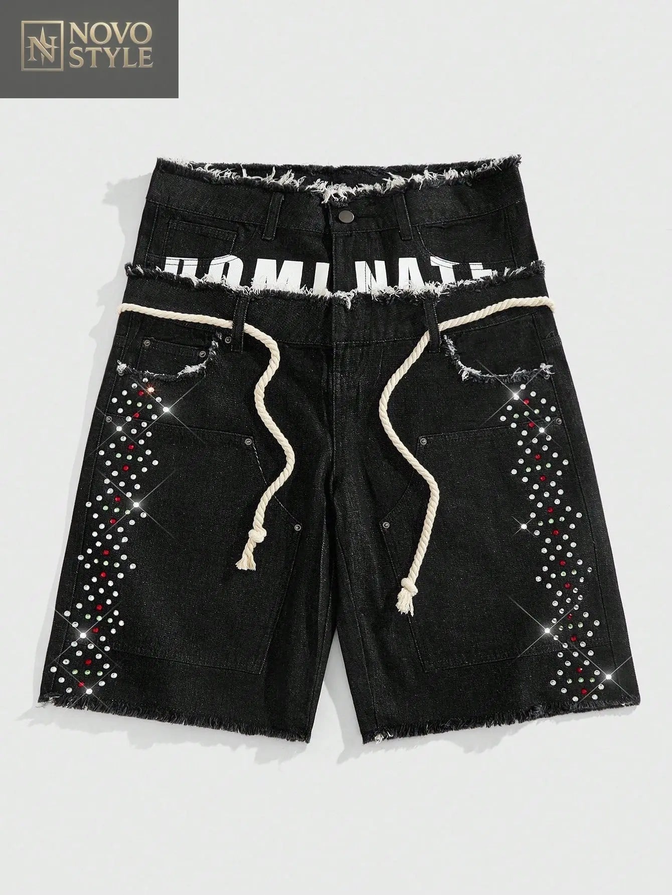 Novo Style MEN Street Life Men's Loose Fit Double Waistband Sparkling Diamond Denim Shorts Novo Style