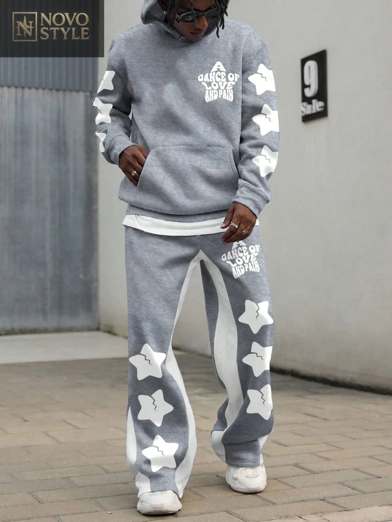 Novo Style  Men Letter And Pentagram Print Hooded Sweatshirt And Drawstring Long Pants Casual Suit Novo Style