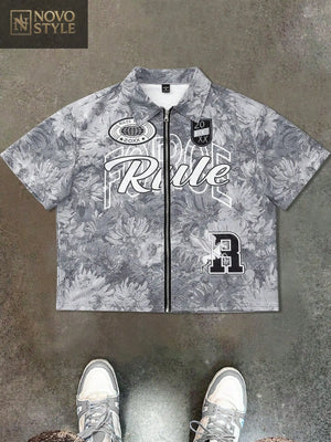Novo Style  Men's Blue Sunflower Letter & Horse Icon Print Zip Up Shirt , Men Rave Shirt , Streetwear Shirts Novo Style