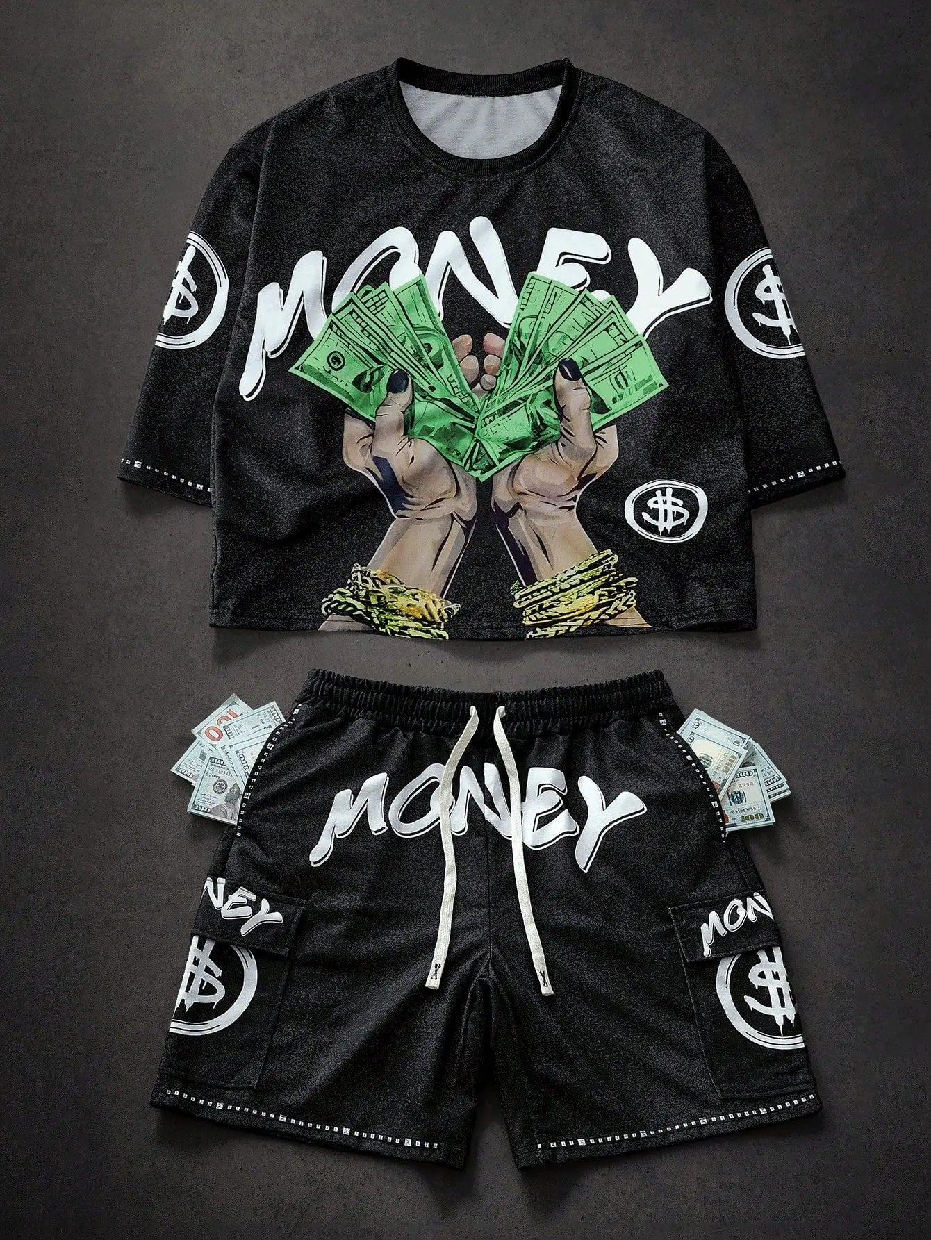 Novo Style  Men's Cartoon Dollar & Letter Print T-Shirt With Cargo Shorts Set, Street Fashion Men Two Pieces Outfits Novo Style