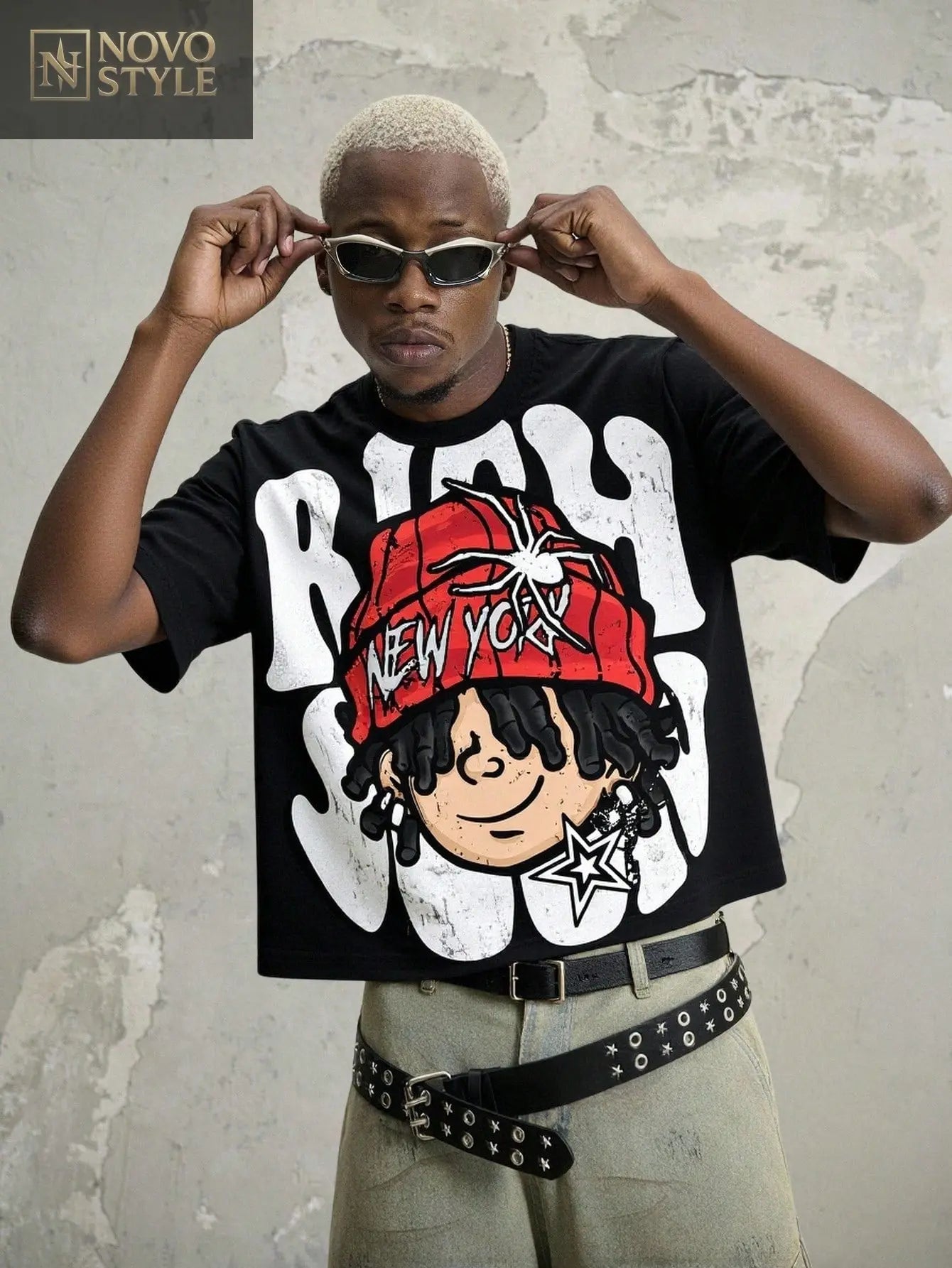 Novo Style Men's Casual Cartoon Character Print Round Neck Short Sleeve Loose Cropped T-Shirt Novo Style