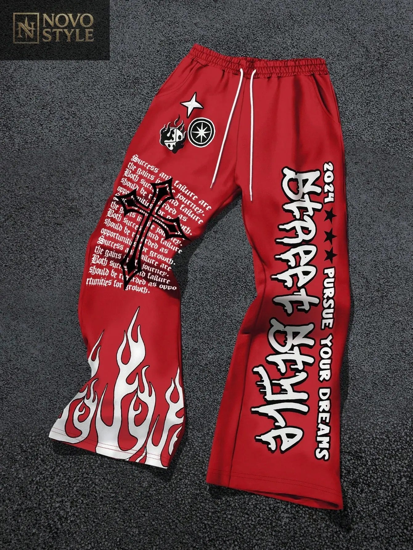 Novo Style  Men's Casual Cross & Slogan Print Drawstring Waist Sweatpants, For Rave Novo Style