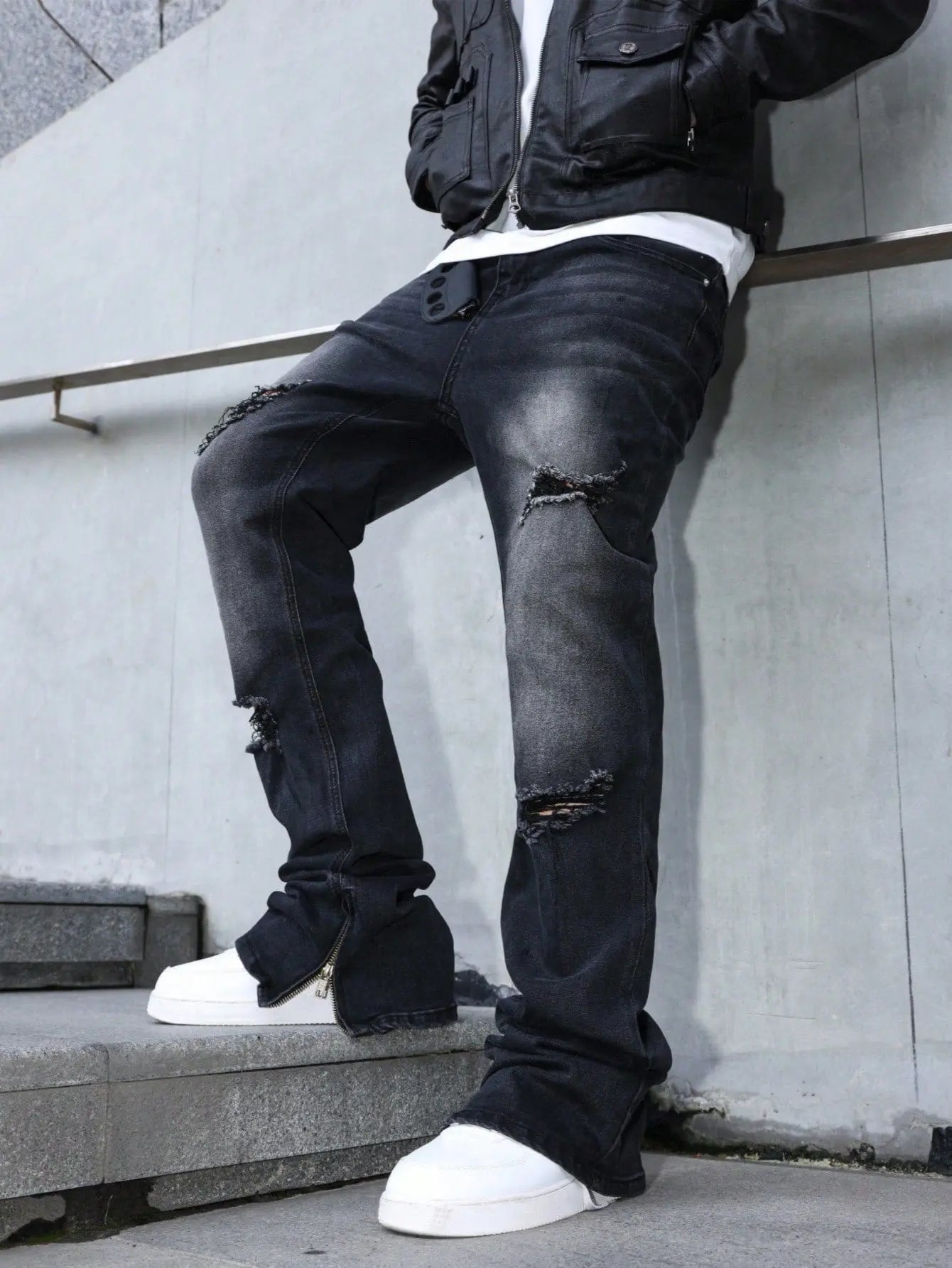 Novo Style  Men's Casual Distressed Zip Ankle Denim Jeans Men S Black Ripped Jeans Ripped Jeans For Men Novo Style