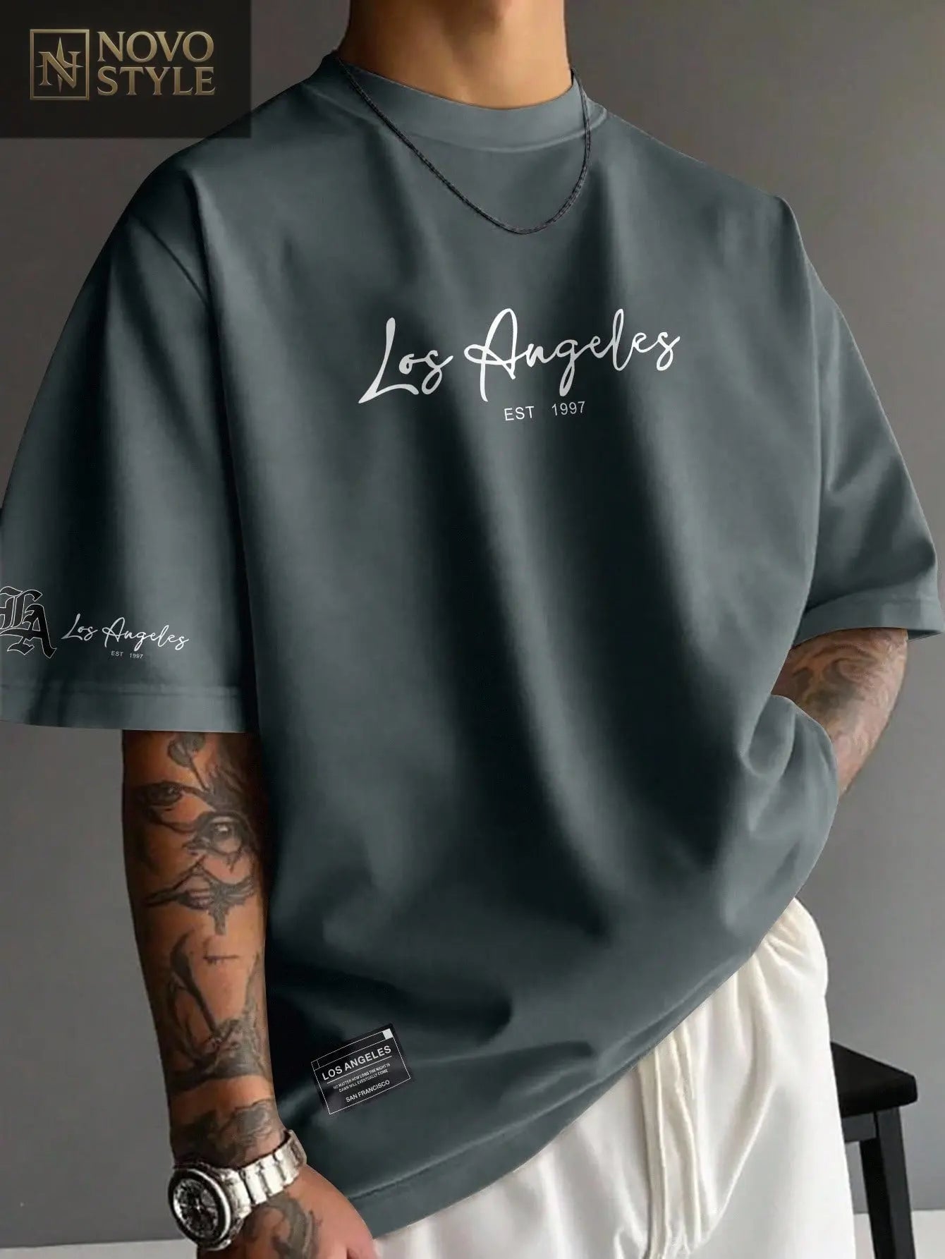 Novo Style  Men's Casual Letter Print Short Sleeve T-Shirt, Summer Los Angeles T Shirt Men S Streetwear Shirts Men Shirts Streetwear Graphic Tees Streetwear Novo Style