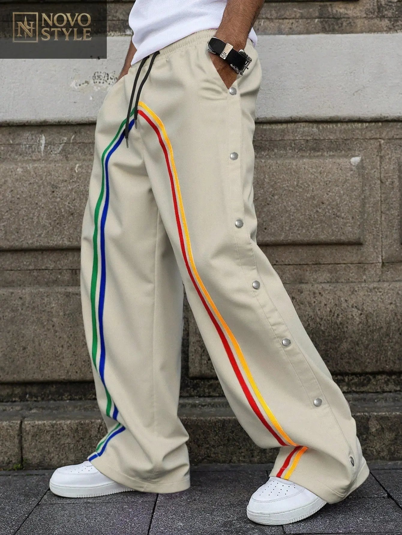 Novo Style  Men's Casual Loose Elastic Waist Straight Leg Pants, Summer White Pants, For Back To School, Fall Novo Style
