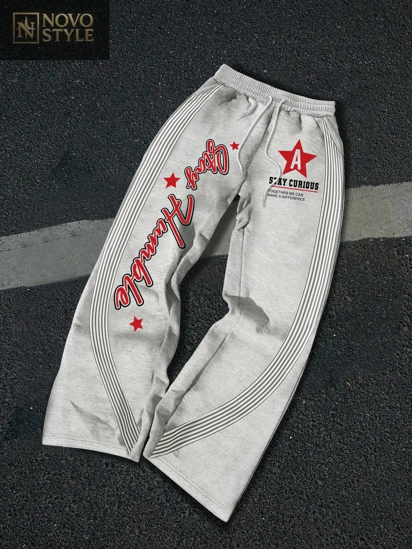 Novo Style  Men's Casual Sports Letter & Star Graphic Print Drawstring Waist Loose Flared Sweatpants, Going Out Long Street Wear Sweatpants, For Husband, Boyfriend Gifts, For Rave Novo Style