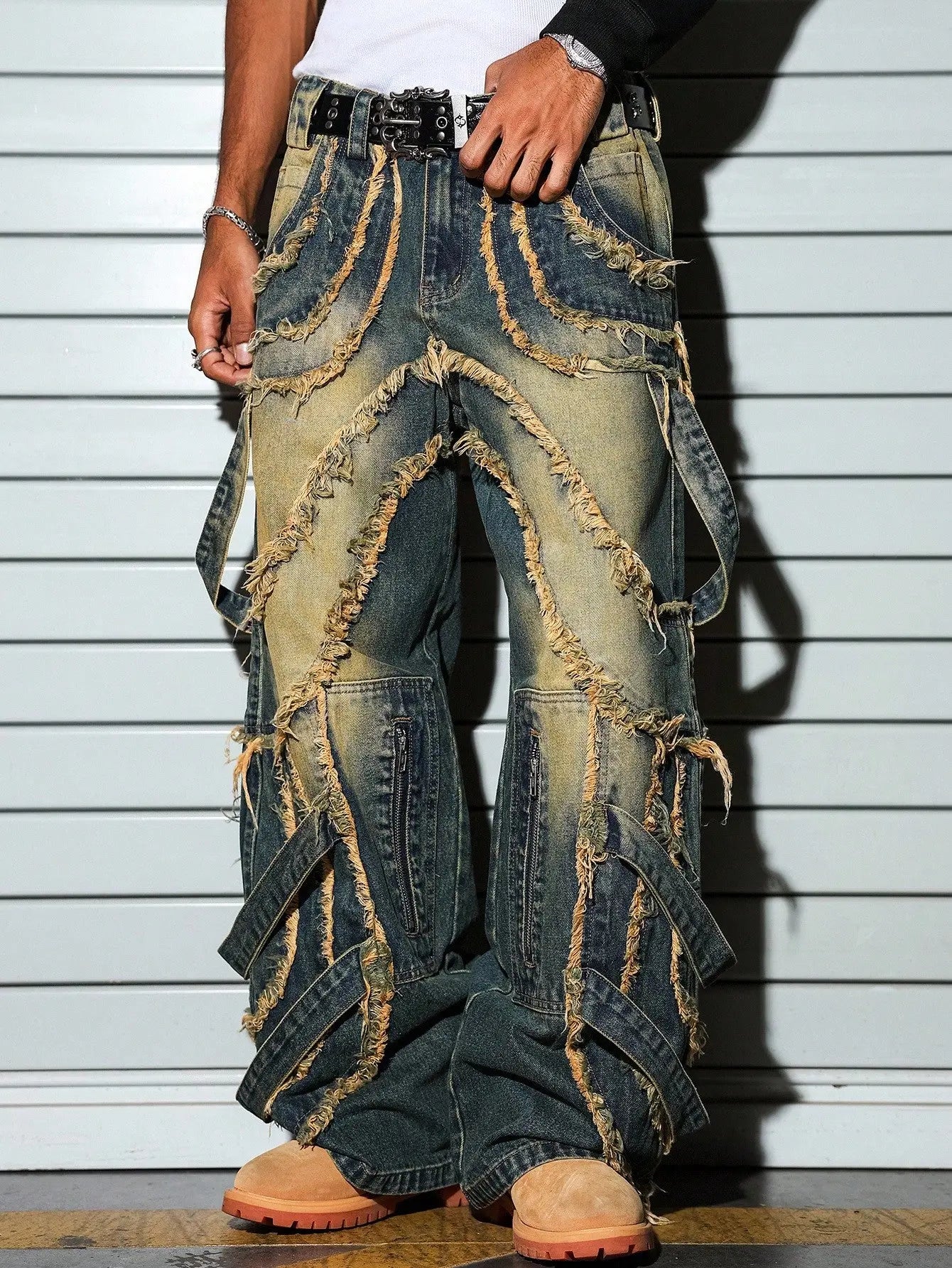Novo Style  Men's Casual Street Style Patchwork Frayed Hem Blue Jeans Novo Style