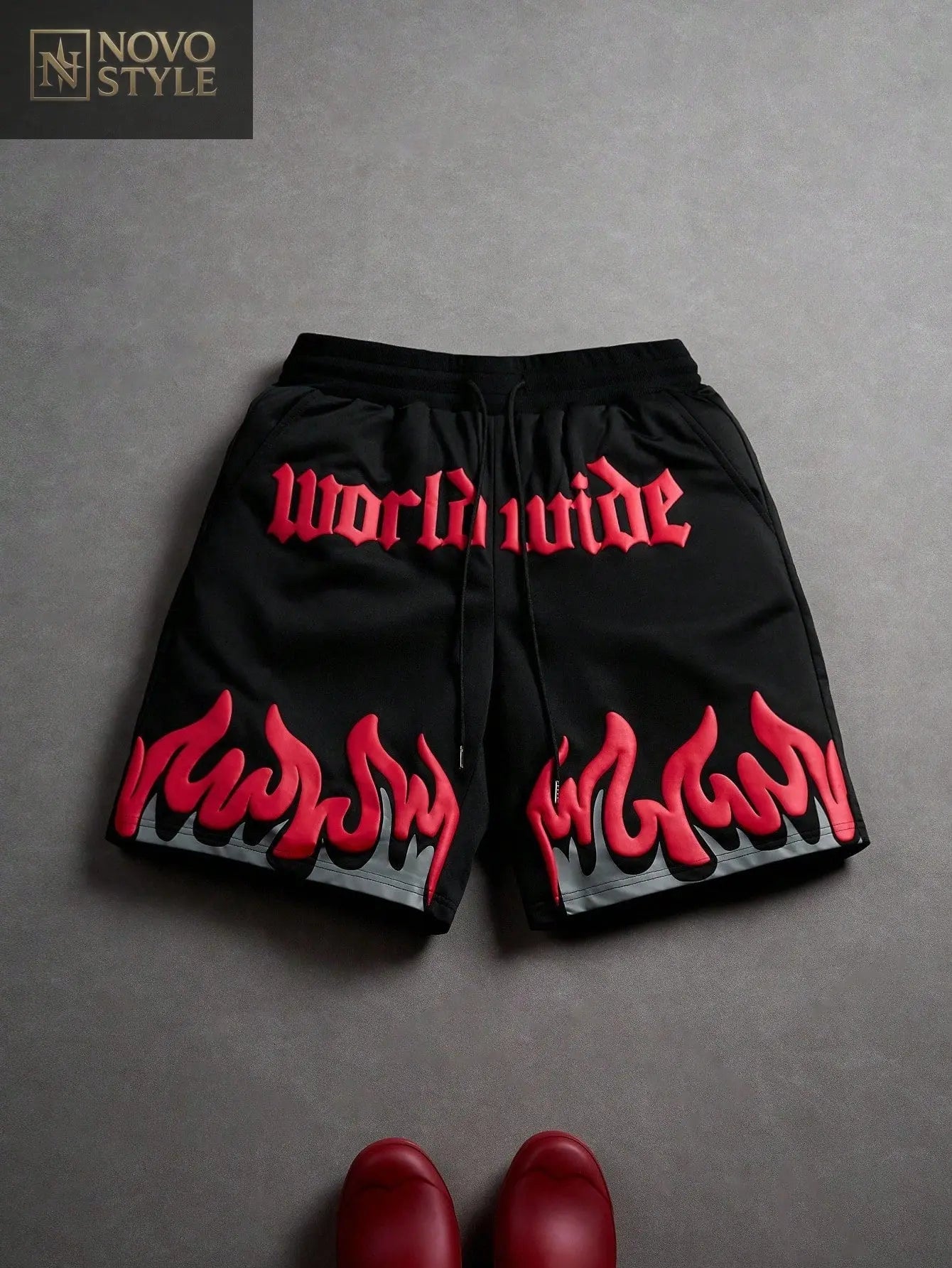 Novo Style  Men's Casual Summer Flame & Letter Print Shorts, Black Graphic Shorts, Red Flame Shorts Novo Style