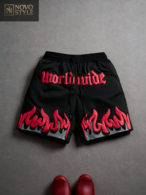 Novo Style  Men's Casual Summer Flame & Letter Print Shorts, Black Graphic Shorts, Red Flame Shorts Novo Style