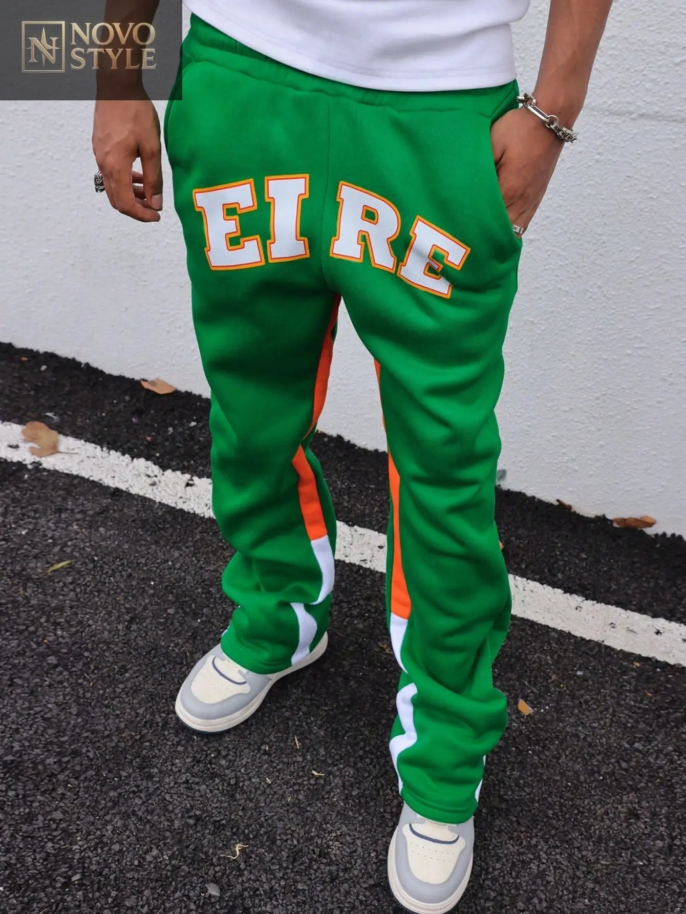 Novo Style  Men's Color-Blocked Casual Sweatpants, Men's Young Casual Sports College Style Color Block Green Flared Cropped Pants, Back To School, Going Out Long Baggy Sweatpants, For Husband, Boyfriend Gifts, For Rave Novo Style