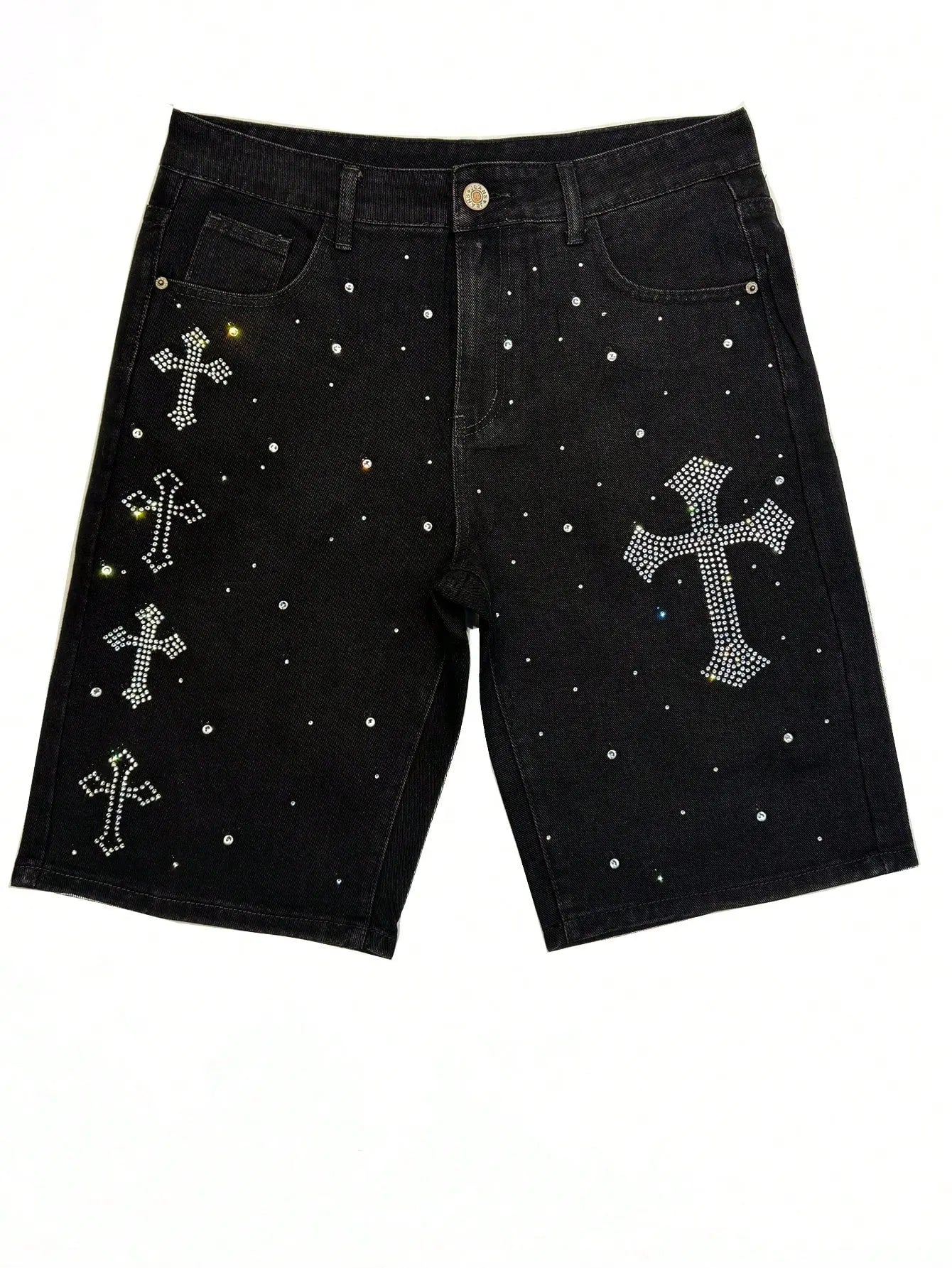 Novo Style Men's Cross Rhinestone Pocket Casual Versatile Denim Shorts Jorts Novo Style