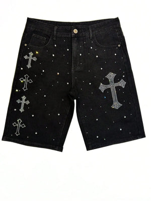 Novo Style Men's Cross Rhinestone Pocket Casual Versatile Denim Shorts Jorts Novo Style