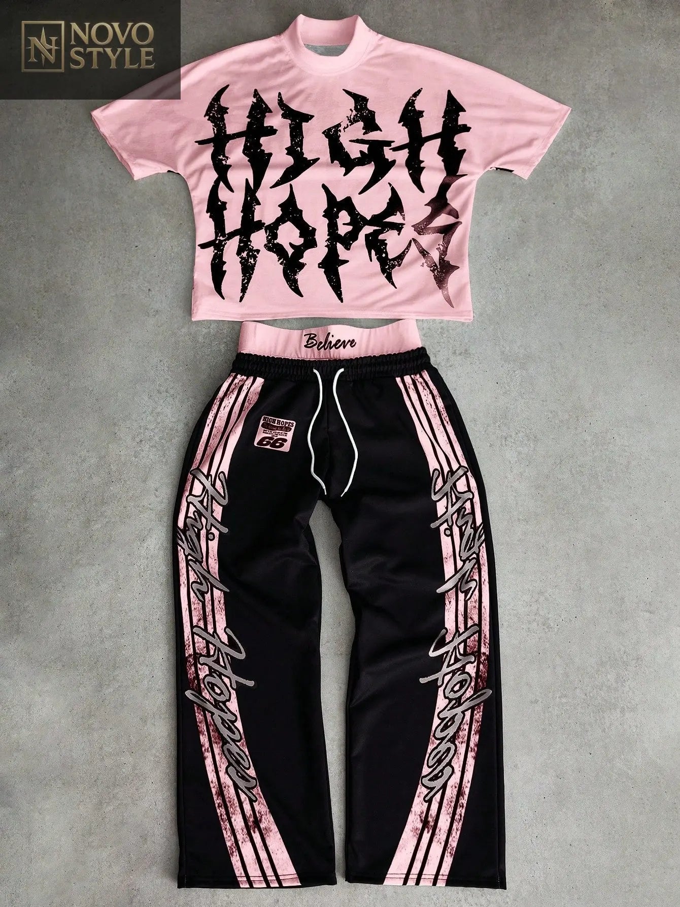 Novo Style Men's Distressed T-Shirt And Long Pants Set, Streetwear Style Novo Style