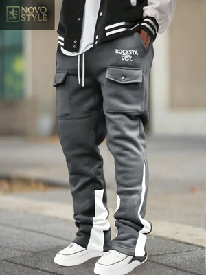 Novo Style  Men's Letter Print Drawstring Waist Cargo Pocket Straight Leg Casual Sweatpants, Going Out Stacked Long Street Wear Sweatpants, For Husband, Boyfriend Gifts, For Rave Novo Style