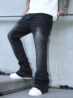Novo Style  Men's Light Wash Stacked Flare Denim Jeans With Ankle Zippers, Fashionable Long Length Y2K Street Style For Casual Wear Men Jeans With Zippers Novo Style