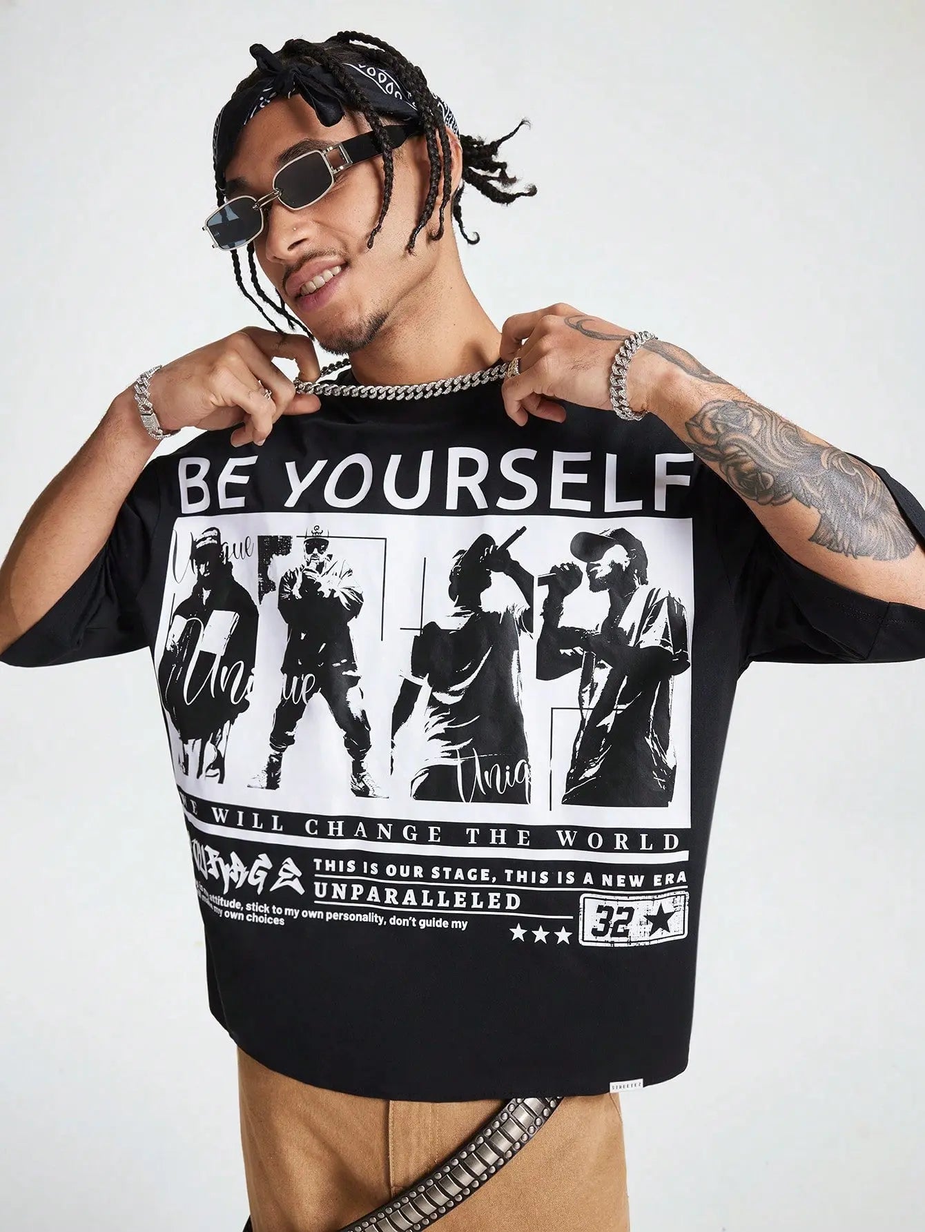 Novo Style Men's Loose Figure & Slogan Print Crew Neck Short Sleeve Vintage T-Shirt, Summer, Streetwear Inspired Novo Style