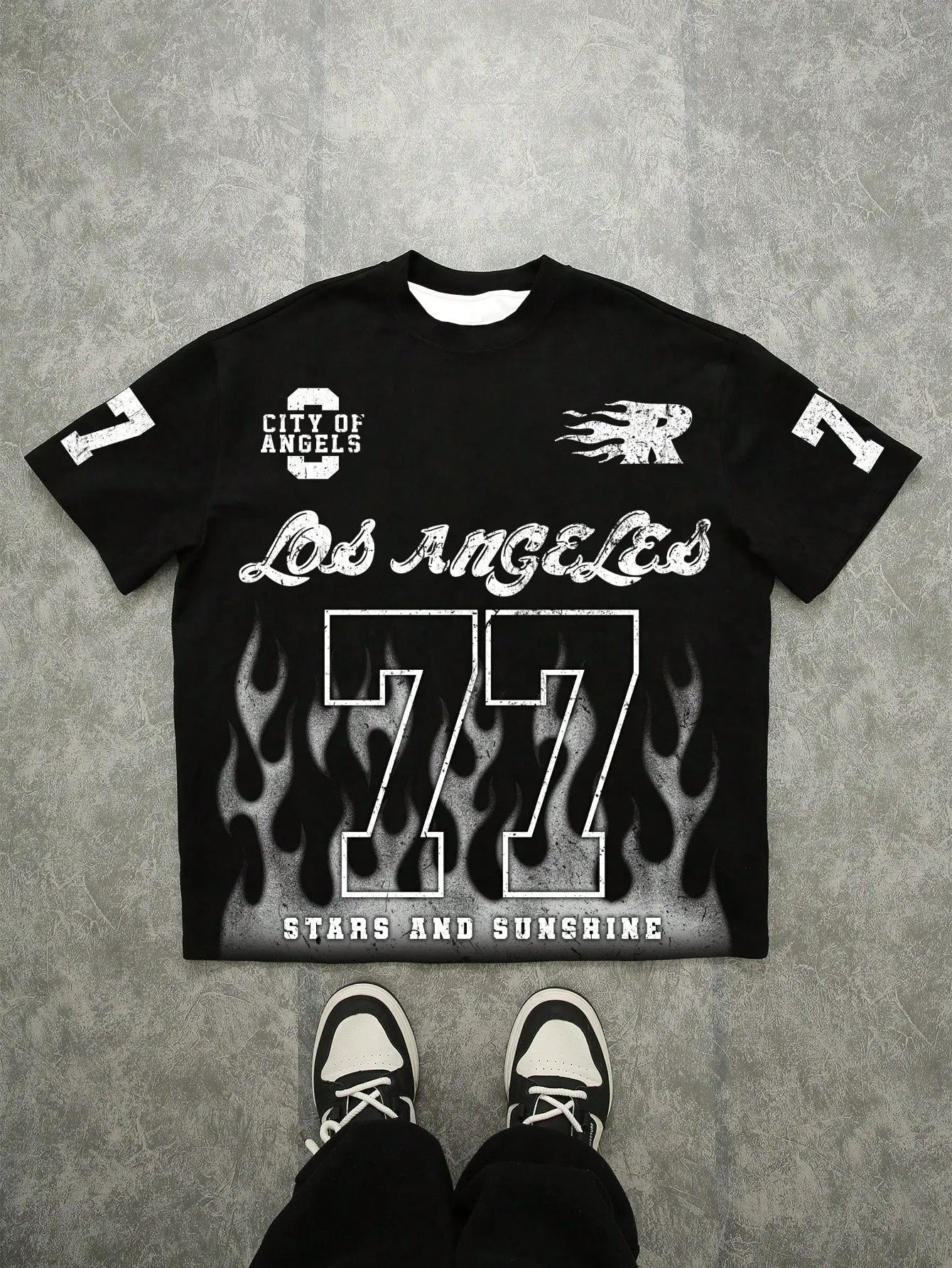 Novo Style  Men's Loose Street Style Fire Flame Number 77 Graphic T-Shirt, Los Angeles Jersey, Men Oversized Crop Printed Novo Style