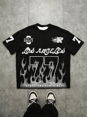 Novo Style  Men's Loose Street Style Fire Flame Number 77 Graphic T-Shirt, Los Angeles Jersey, Men Oversized Crop Printed Novo Style