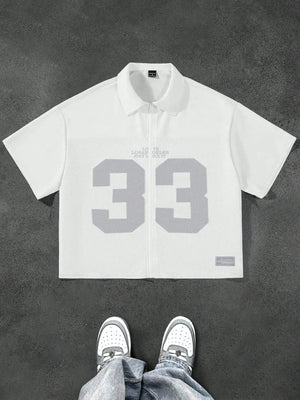 Novo Style  Men's Short Sleeve Mesh Insert Digital Print Zip Front Shirt , Men Cropped Shirt , Shirts Streetwear Novo Style
