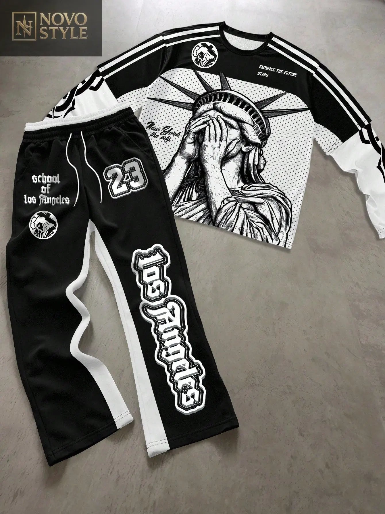 Novo Style  Men's Slogan Print Striped Crew Neck 2 In 1 Long Sleeve T-Shirt And Drawstring Waist Pants Casual Suit 2 Pieces Pants Set Joggers Sets Sweatpants Streetwear Sets Los Angeles Pants Set, A Great Gift For Your Boyfriend, Back To School Men Street Novo Style