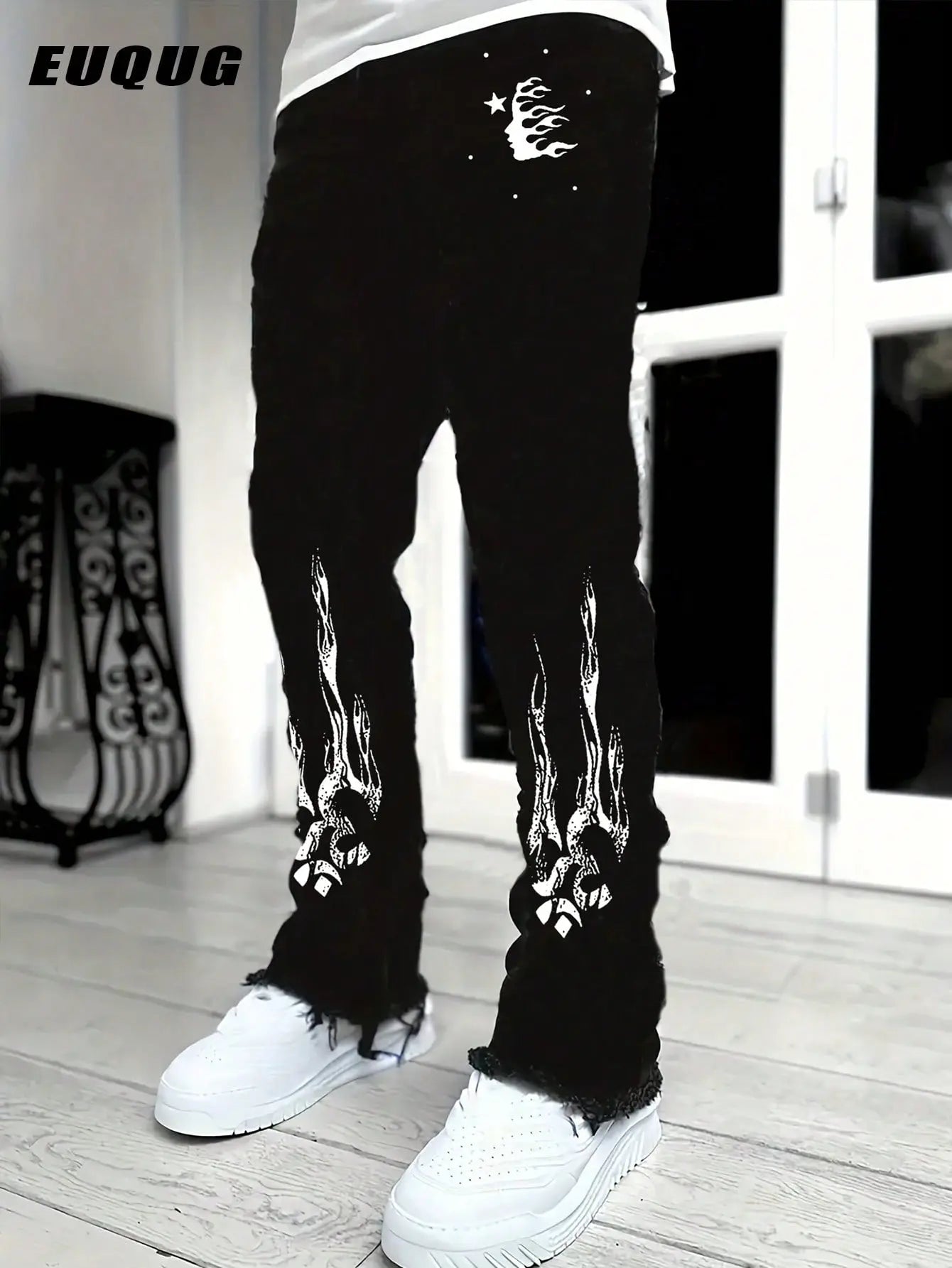 Novo Style Men's Solid Black Diagonal Pocket Stretch Slim Fit Wide Leg Jeans Long Washed Stars + Flame Print Flared Jeans Solid Black Party Street Wear, Rapper Novo Style