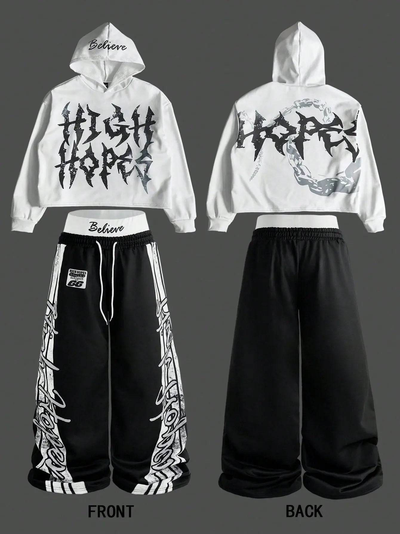 Novo Style  Men's Street-Style INS Popular Dark Element Print Hoodie Sweatshirt & Wide-Leg Pants Set, Boyfriend/Husband Casual Outfit Gift For Anniversary/Memorial Day, 2000s Style Novo Style