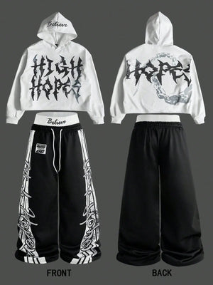 Novo Style  Men's Street-Style INS Popular Dark Element Print Hoodie Sweatshirt & Wide-Leg Pants Set, Boyfriend/Husband Casual Outfit Gift For Anniversary/Memorial Day, 2000s Style Novo Style