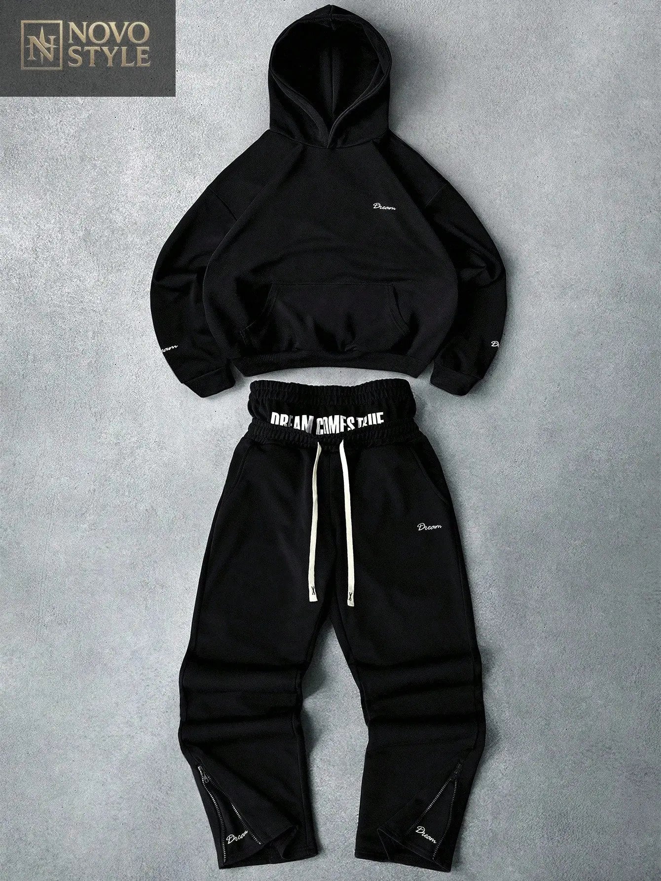 Novo Style Men's Street-Style Popular INS Matching 2 In 1 Drawstring Waist Zipper Hem "Freedom" Embroidered Hoodie And Pants Set, Suitable For Outdoor Music Festivals, Nightclubs, Boyfriend/Husband Gift, Anniversary Gift, Light Grey, Men Sweatsuit Set, Ho Novo Style