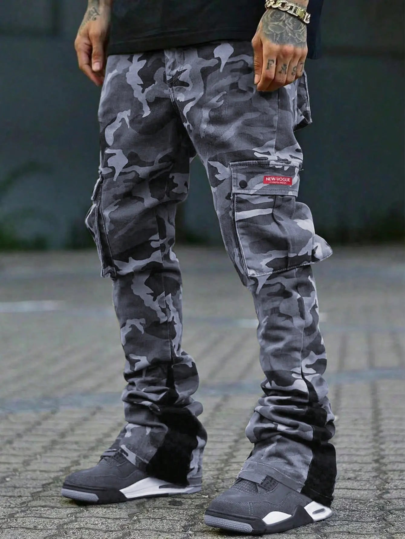 Novo Style Men's Thick Camouflage Cargo Pants, Loose Streetwear Hip Hop Style Straight Wide Leg Casual Flared Trousers, Emo, 2000s Style, Fall Novo Style