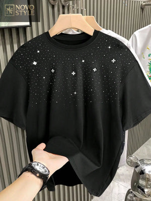 Novo Style  Men's Top,Hot Drilling Process , Round Neck Short Sleeve Casual Solid Color Men's T-Shirt, 2025 Spring/Summer New, Rave Novo Style