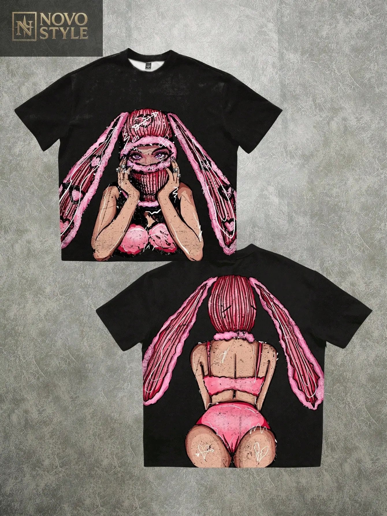 Novo Style  Oversized Street Style Front & Back Bunny Girl Graphic T-Shirt (Wide Neck) Novo Style