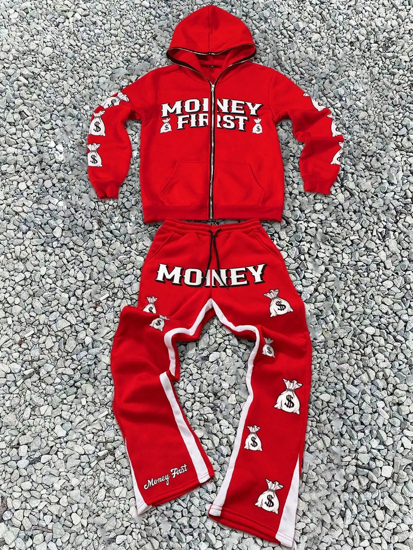 Novo Style  Young Men's Streetwear Money Gold Coin Bag Location Print Full Zip Red Hooded Cardigan And Pants Set ,Men Two Pieces Outfits ,Men Tracksuit , Suitable For Christmas, New Year's Holidays, And Daily Outfits Novo Style