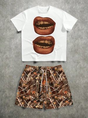 Street Style Sexy Lip & Camouflage Graphic T-Shirt Set Novo Style