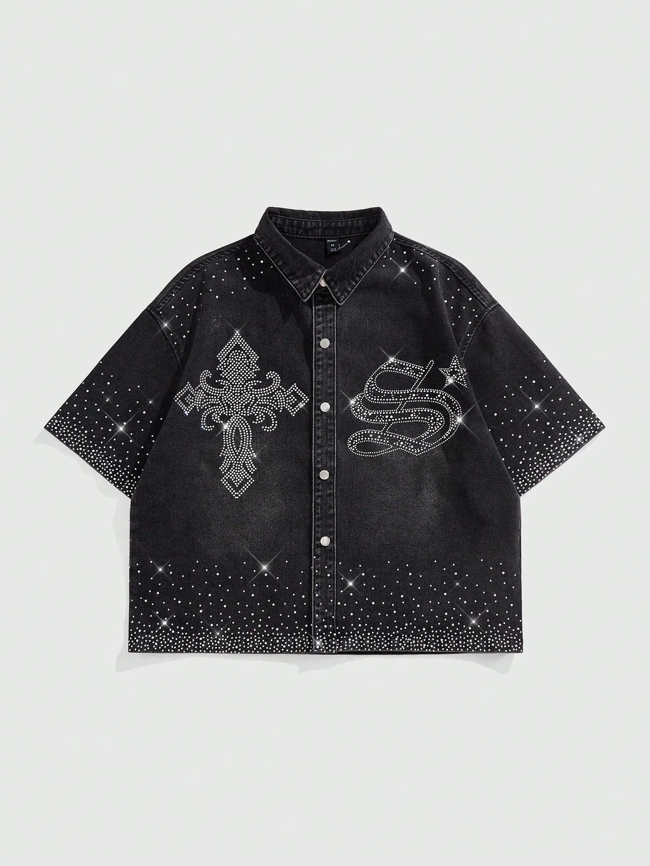 Novo Style MEN Street Life Men's Rhinestone Embellished Cross Denim Shirt, Fashionable For Summer Novo Style