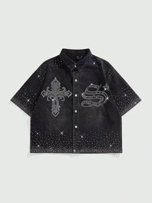 Novo Style MEN Street Life Men's Rhinestone Embellished Cross Denim Shirt, Fashionable For Summer Novo Style
