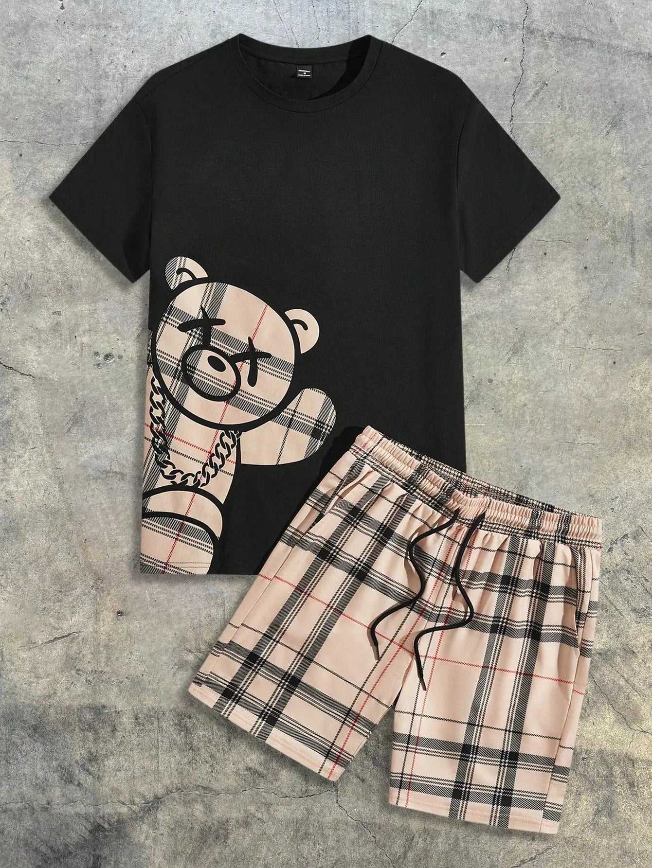 Novo Style  Men's Checkered Bear Print Short Sleeve T-Shirt And Drawstring Waist Shorts Set Summer Outfit, Streetwear Casual Novo Style