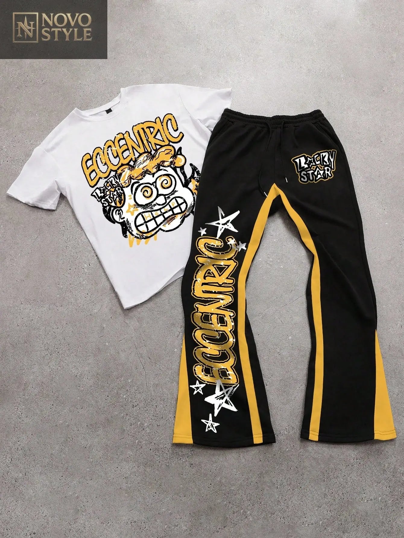 Novo Style Men's Letter & Cartoon Print Short Sleeve T-Shirt And Drawstring Color Block Pants Casual Suit Novo Style