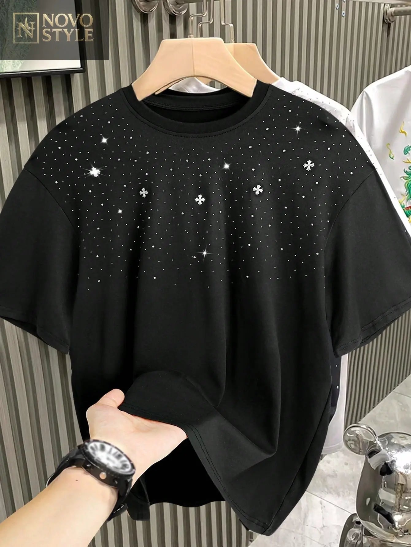 Novo Style  Men's Top,Hot Drilling Process , Round Neck Short Sleeve Casual Solid Color Men's T-Shirt, 2025 Spring/Summer New, Rave Novo Style